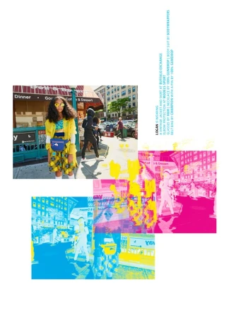 A fashion shot features a woman in a yellow and blue outfit standing in front of an urban storefront, with abstract graphic overlays.