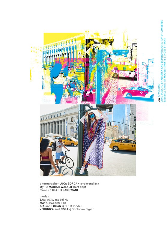 Woman in long poncho poses in city street with taxis, buildings, colorful artistic overlays, and two other people walking nearby.