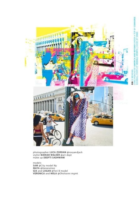 Woman in long poncho poses in city street with taxis, buildings, colorful artistic overlays, and two other people walking nearby.