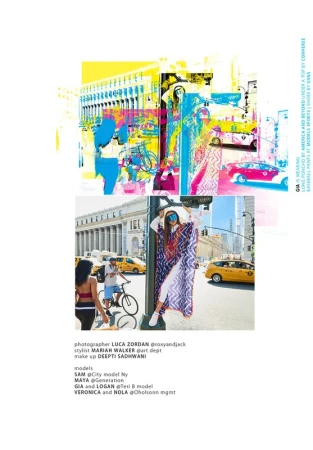 Woman in long poncho poses in city street with taxis, buildings, colorful artistic overlays, and two other people walking nearby.