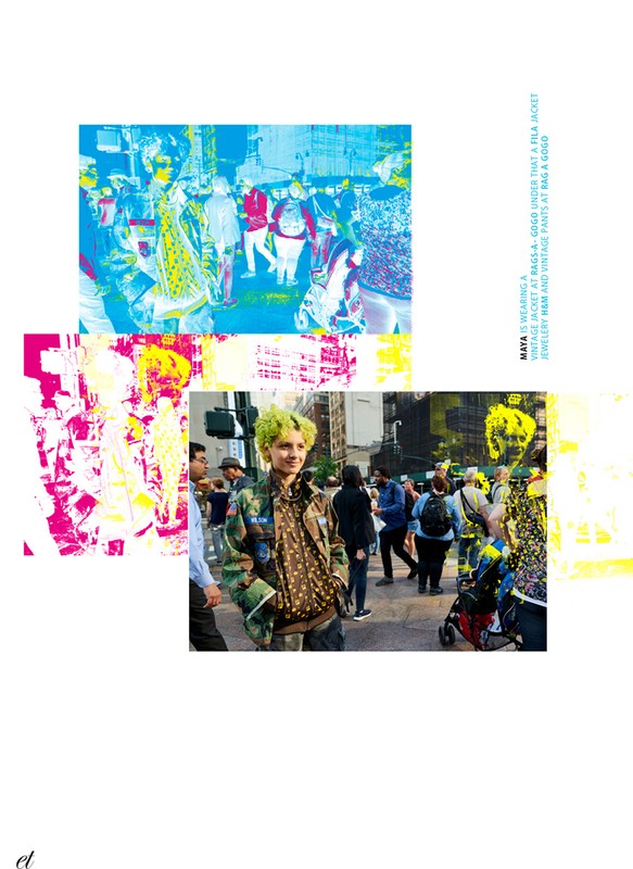 Person with green hair wearing a vintage jacket in a city street, surrounded by a crowd of people and urban architecture.
