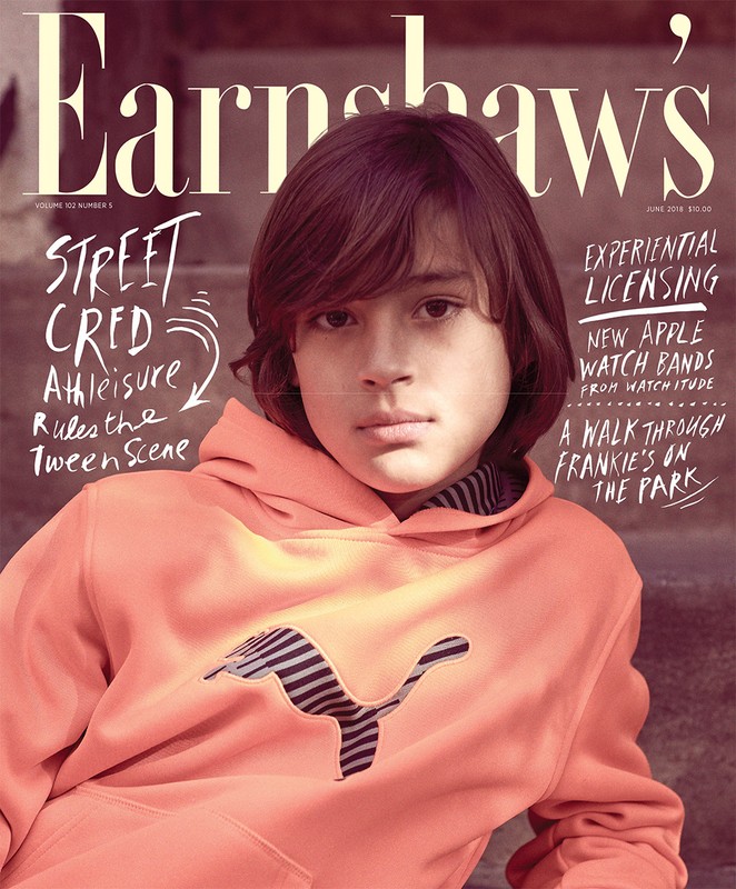 Magazine cover featuring a child model wearing a Puma hoodie, with the title 'Earnshaw's' and text about street credit and licensing.