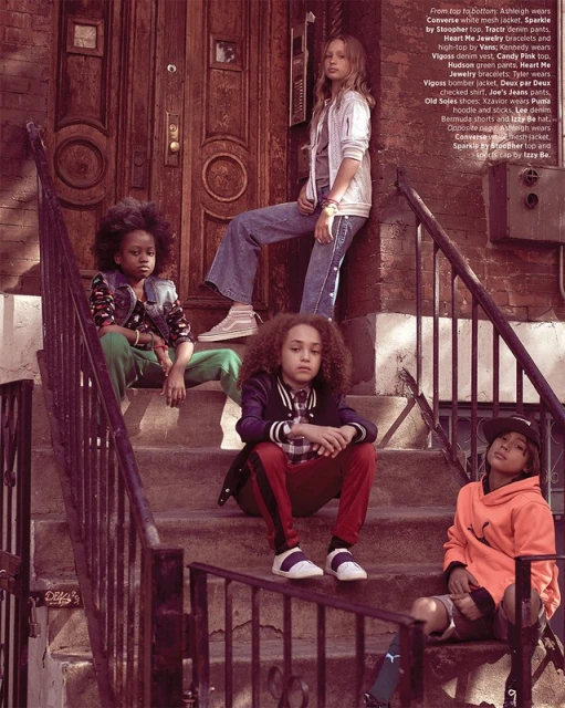 Four children are seated on outdoor stairs, showcasing casual fashion against an urban backdrop, styled in denim, sporty jackets, and jeans.