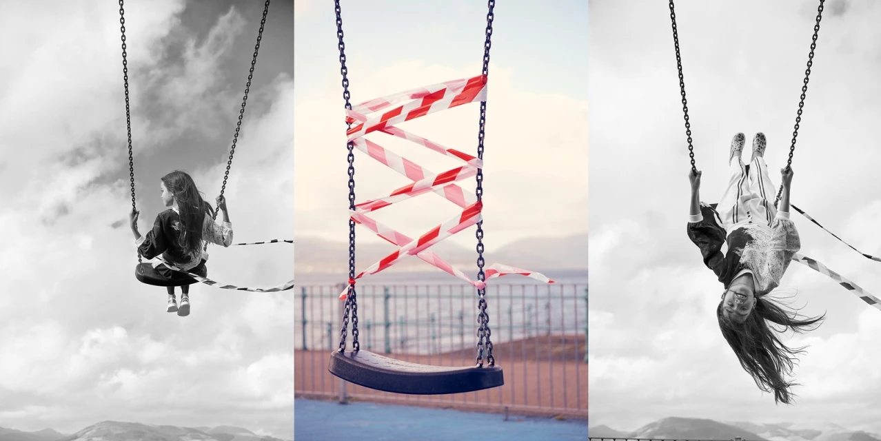 Triptych shows a child on a swing in black & white and color; the middle panel is an empty swing wrapped in red and white caution tape.