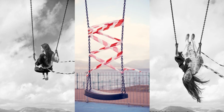 Triptych shows a child on a swing in black & white and color; the middle panel is an empty swing wrapped in red and white caution tape.