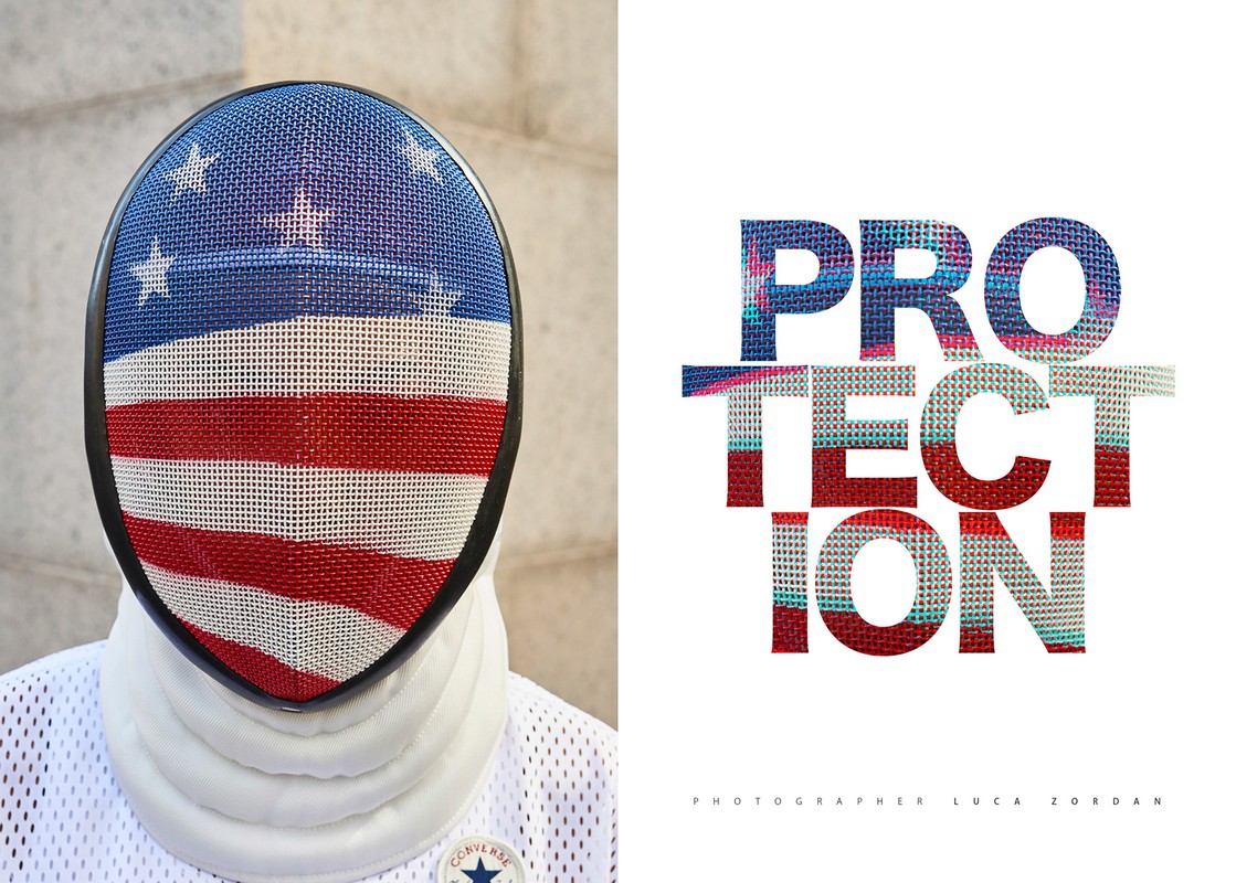 Person in a fencing mask with a US flag design stands next to the word 'Protection', creating a visual representation of safety and security.