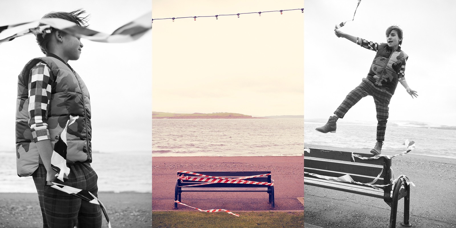 Monochrome triptych features a child in a camo vest holding ribbon, a bench with tape, and a child on a bench, all by a beach.