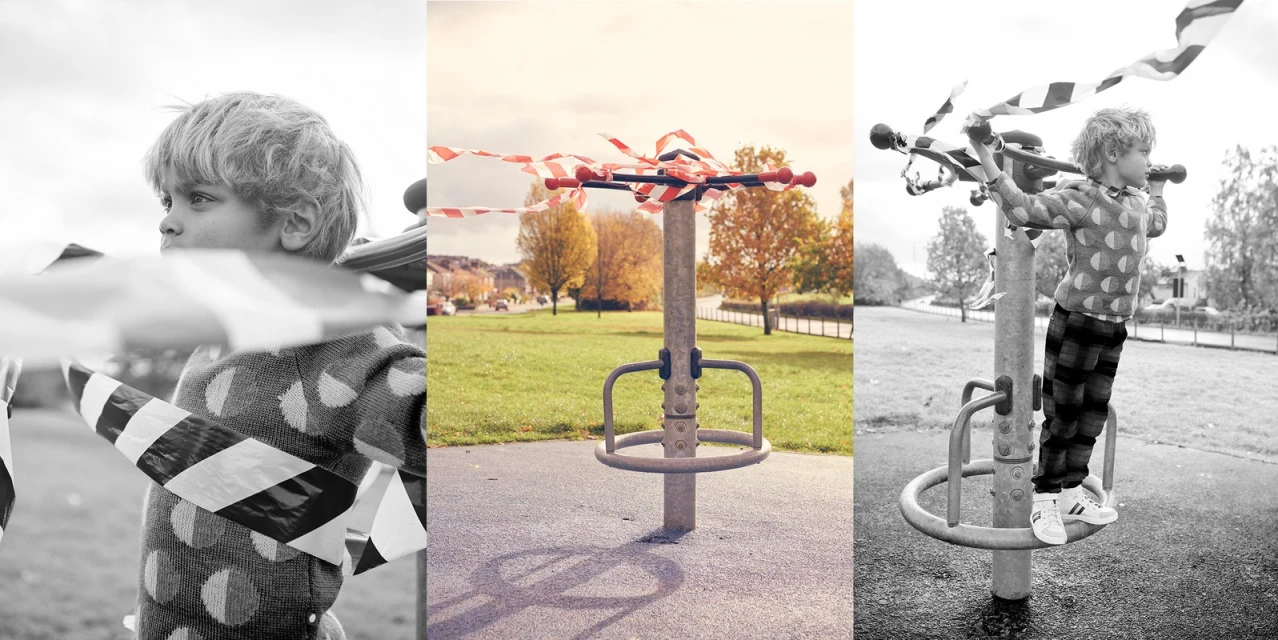 Three-panel view of a child on a playground carousel, taped off, symbolizing the impact of closures on youth activities.