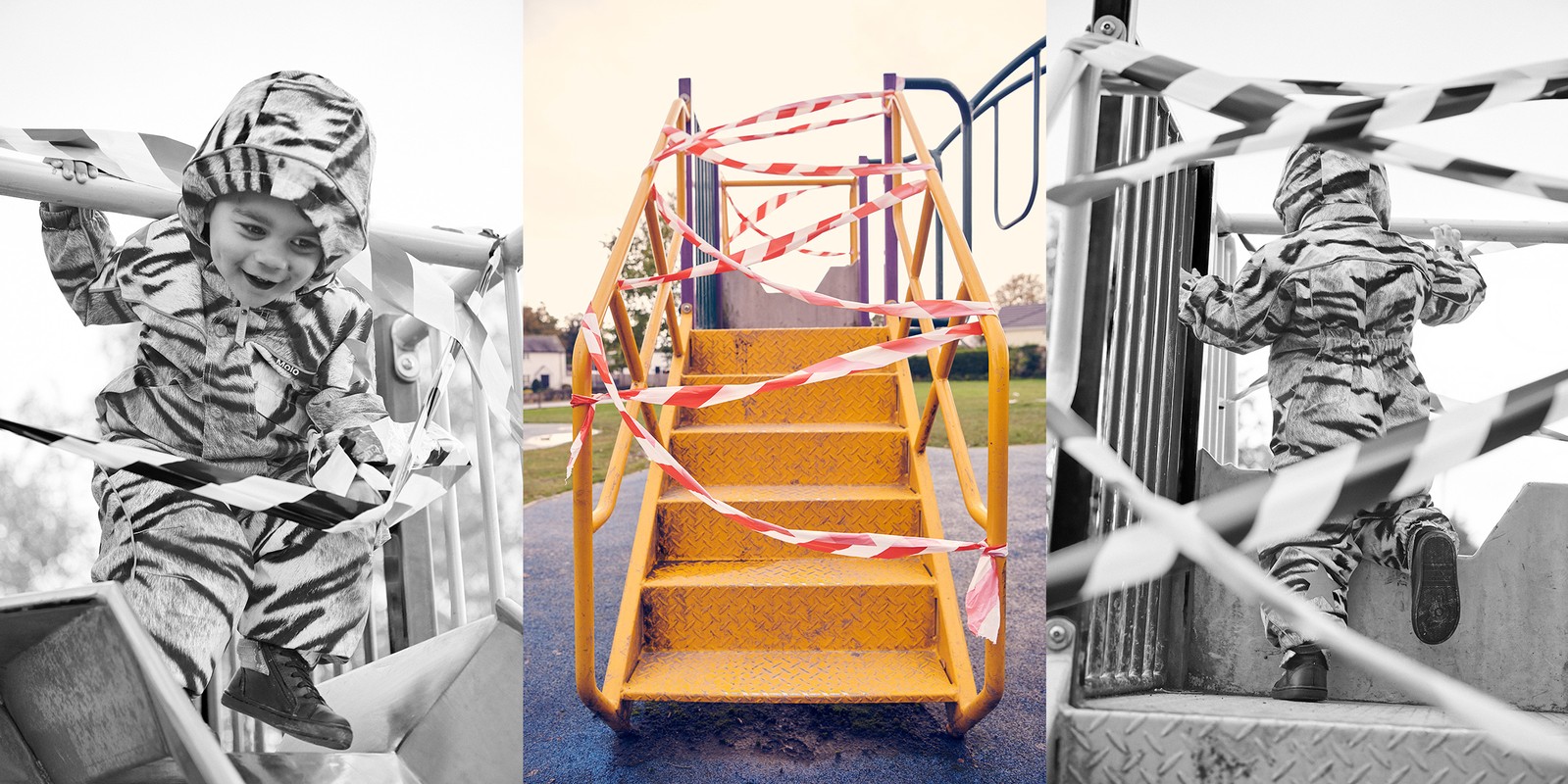 A toddler in a tiger-striped outfit climbs on playground equipment, while another shot displays steps wrapped in caution tape.