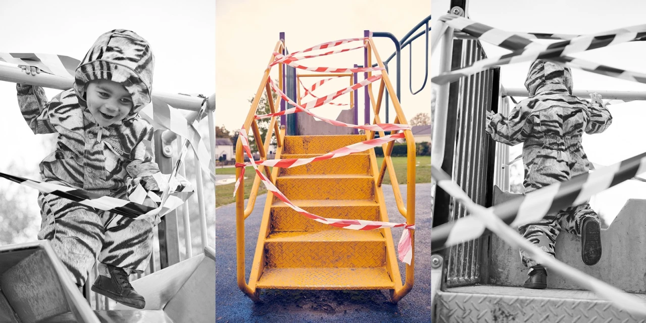 A toddler in a tiger-striped outfit climbs on playground equipment, while another shot displays steps wrapped in caution tape.
