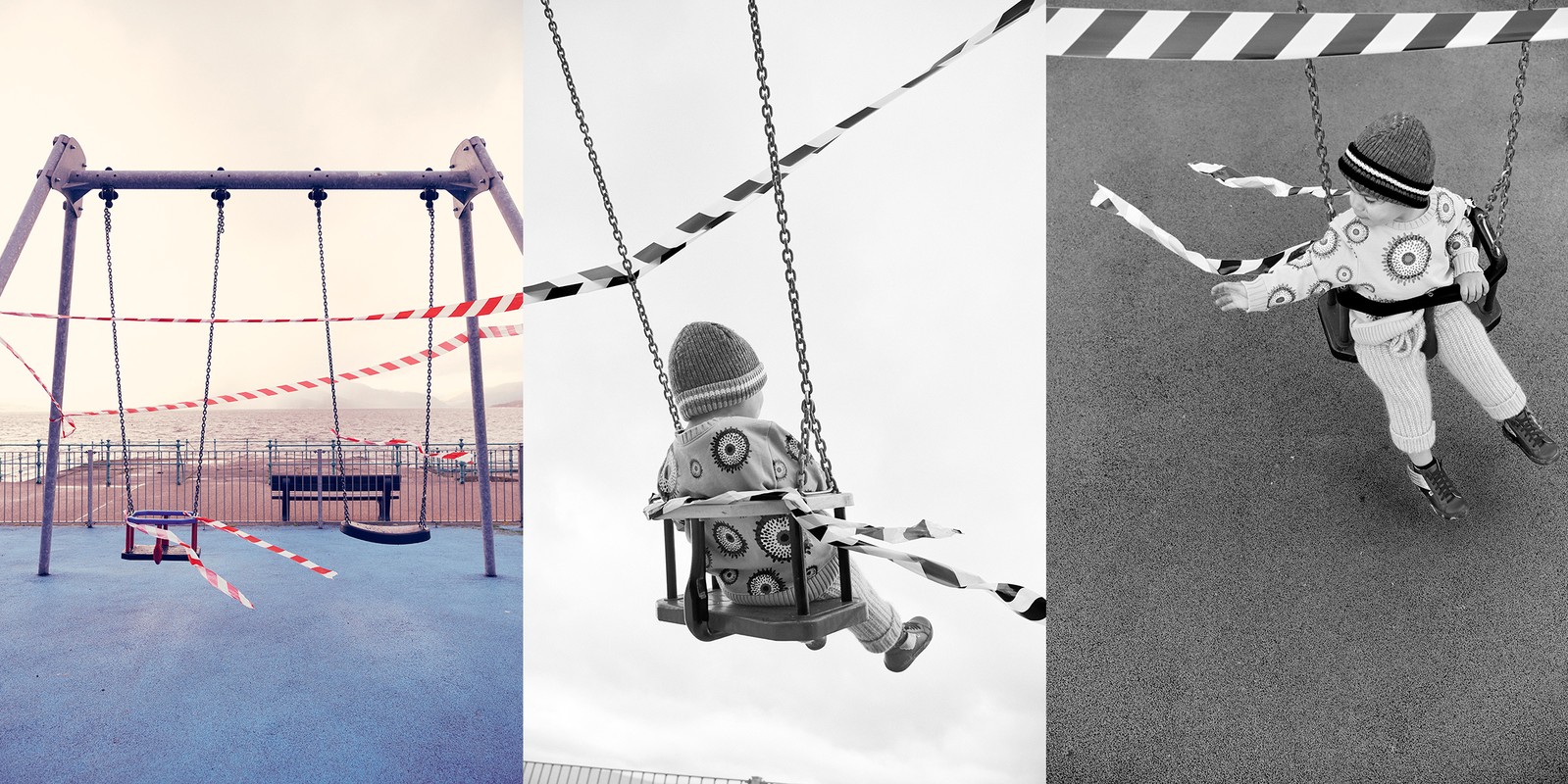 Three panels show a child on a swing and an empty swing set, all marked with barrier tape, creating a montage about closed playgrounds.