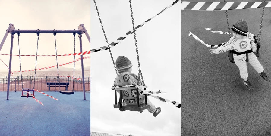 Three panels show a child on a swing and an empty swing set, all marked with barrier tape, creating a montage about closed playgrounds.