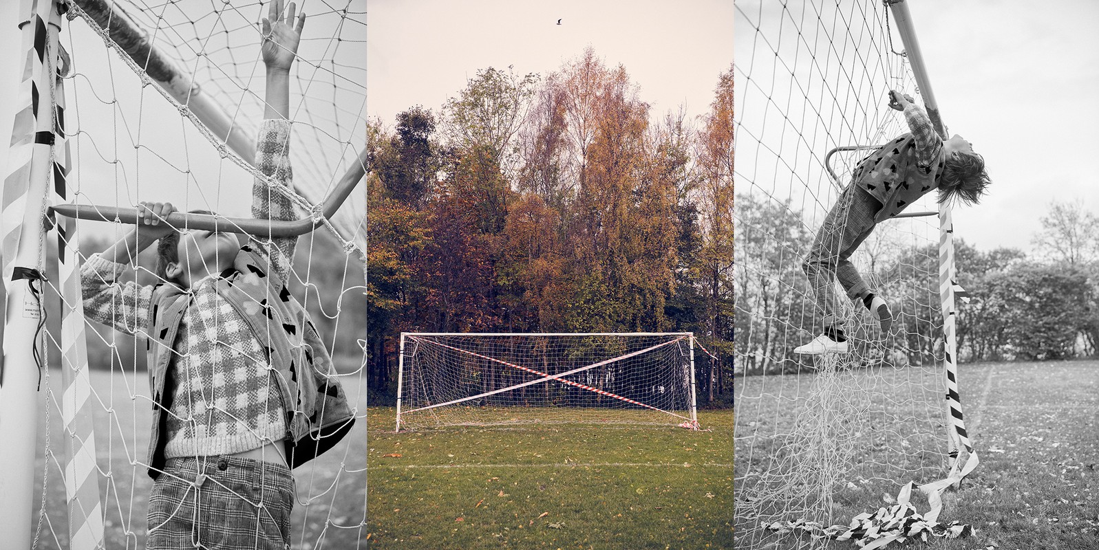 Monochrome triptych of a child playing in a soccer goal with net. The background is a forest of fall trees and field in grayscale.