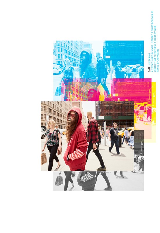 Fashion editorial composite featuring pedestrians crossing city street in New York City, overlaid with cyan and magenta color halftone effects.