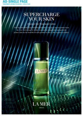 La Mer treatment lotion bottle on reflective surface with a teal and white abstract background in a beauty advertisement.