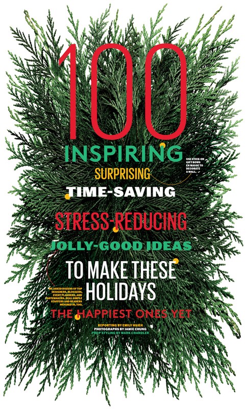 A magazine cover featuring green foliage as a decorative border, with red and white text highlighting holiday themes like inspiring ideas.