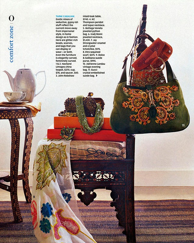 Still life featuring an arrangement of books, beads, handbags, and decorative objects on ornate tables, creating a rich and eclectic composition.