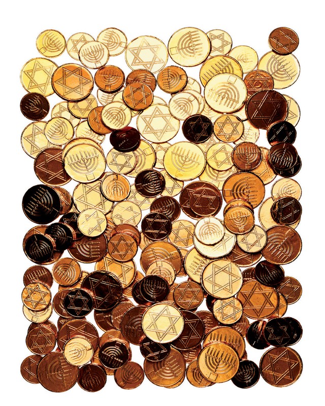 Pile of gold and brown Hanukkah gelt coins with the Star of David and a menorah design on a white background in an illustration.