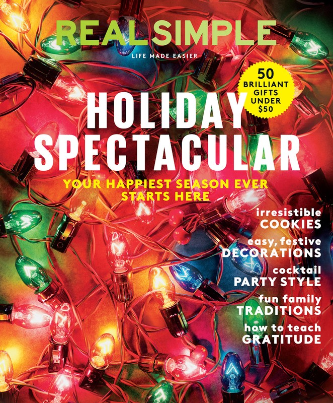 Magazine cover featuring bright holiday lights. The cover promotes holiday gifts, cookies, decorations, party style, and family traditions.