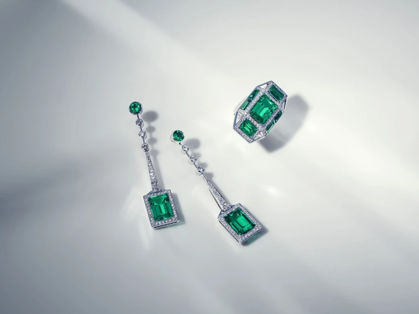 Elegant emerald and diamond jewelry set featuring a ring and drop earrings, arranged on a soft, illuminated white surface. Jewelry photography.