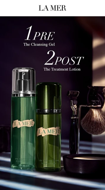 Two bottles of La Mer skincare products, one labeled 'Pre The Cleansing Gel' and the other 'Post The Treatment Lotion'.