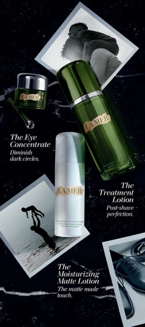 La Mer beauty product ad featuring eye concentrate, treatment lotion, and moisturizing matte lotion against a black marble background.