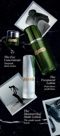 La Mer beauty product ad featuring eye concentrate, treatment lotion, and moisturizing matte lotion against a black marble background.