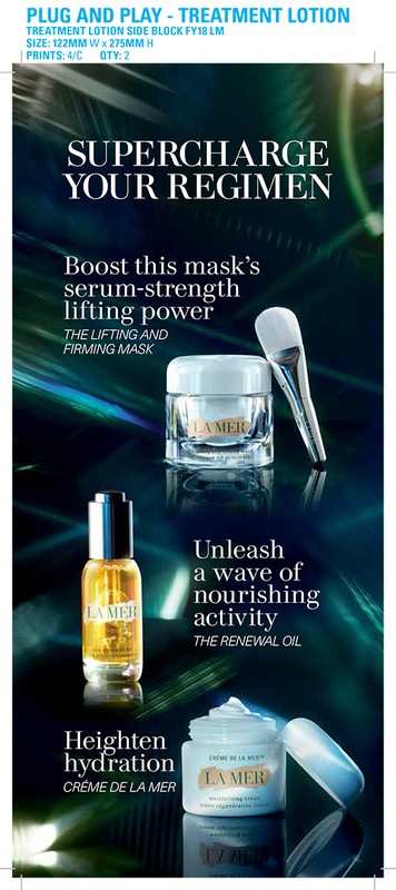La Mer skincare product line advertisement featuring serum, mask, and oil in a vividly lit studio setting. Beauty and skincare promotion.