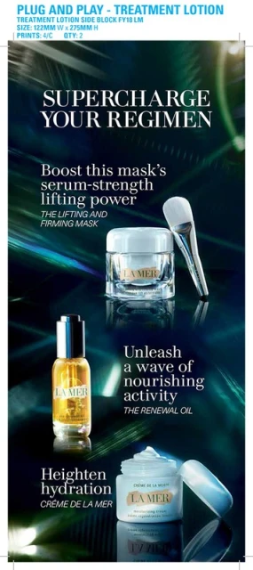 La Mer skincare product line advertisement featuring serum, mask, and oil in a vividly lit studio setting. Beauty and skincare promotion.
