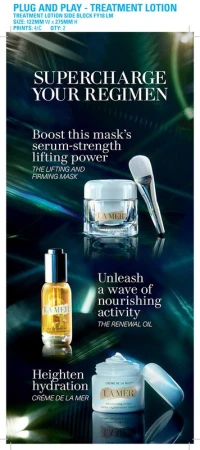 La Mer skincare product line advertisement featuring serum, mask, and oil in a vividly lit studio setting. Beauty and skincare promotion.