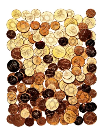 Overhead arrangement of golden Hanukkah gelt coins with Star of David and menorah designs on a white background.