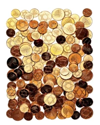 Overhead arrangement of golden Hanukkah gelt coins with Star of David and menorah designs on a white background.