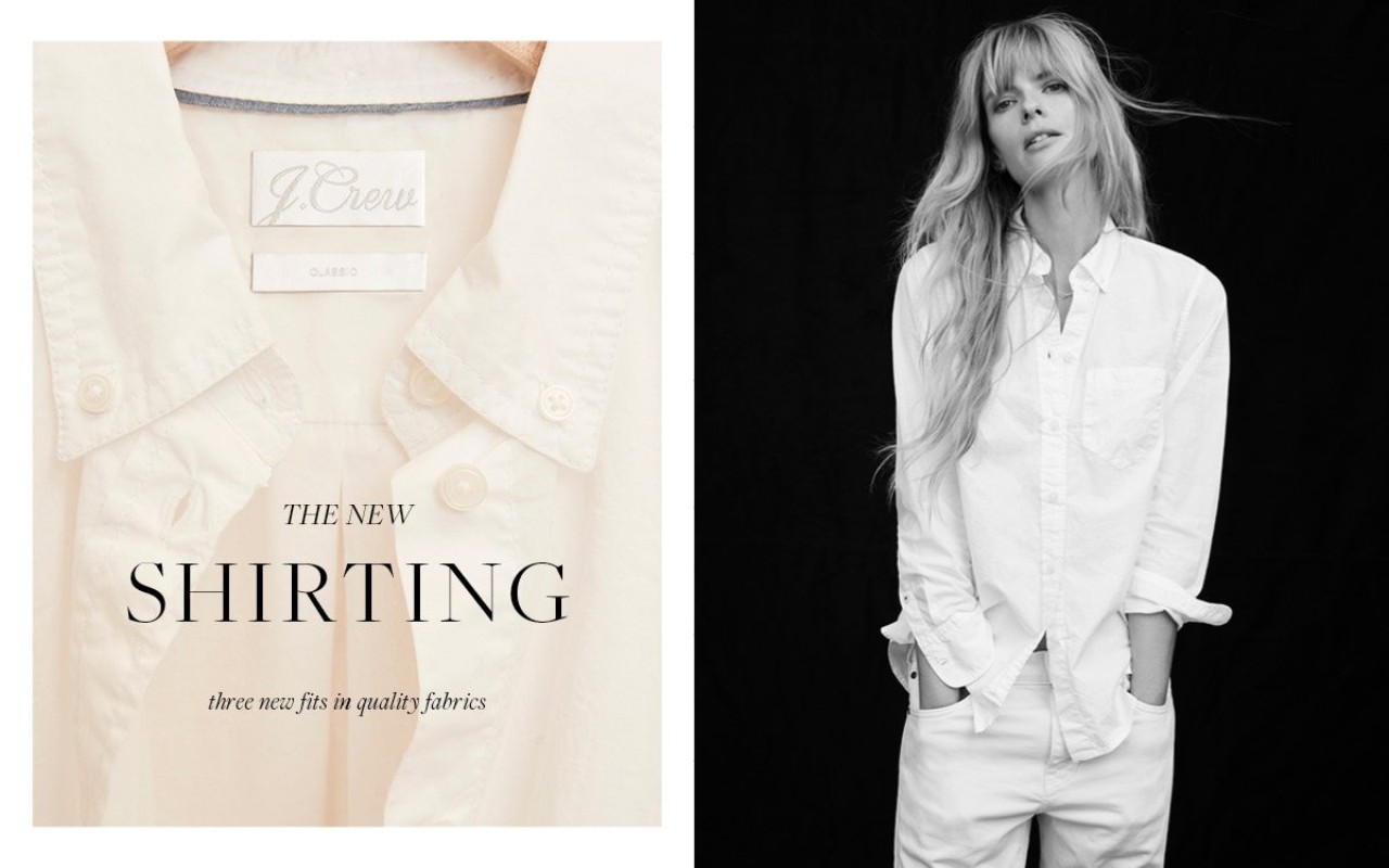 Black and white fashion shot: blonde woman poses in white shirt and jeans against black backdrop with 'The New Shirting' promotional text.
