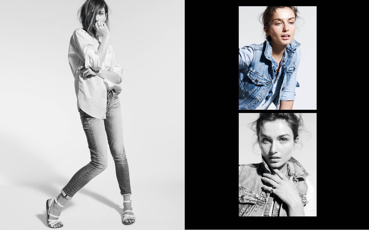 Model in white shirt and jeans alongside cropped panels featuring denim vest portraits against white
