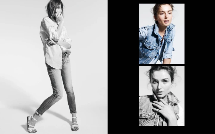 Model in white shirt and jeans alongside cropped panels featuring denim vest portraits against white