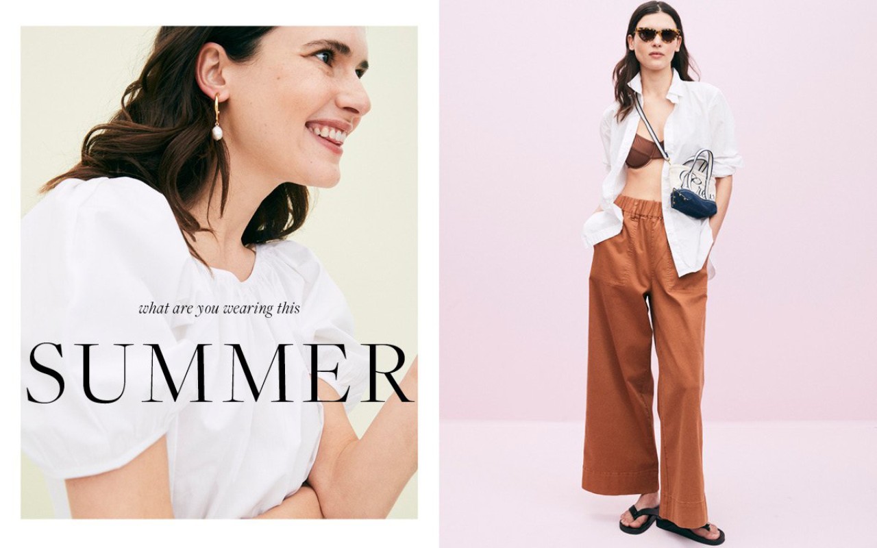 Two women model summer fashion: One smiles in a white top, another poses in an open shirt, brown top, and palazzo pants.
