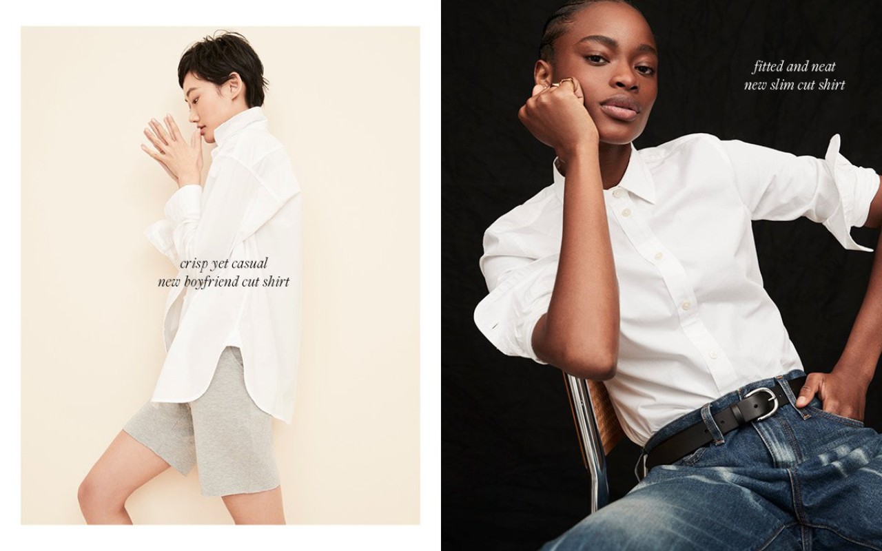 Two women showcase white shirts in a split-screen fashion shoot with one in denim and the other in shorts against a light backdrop.