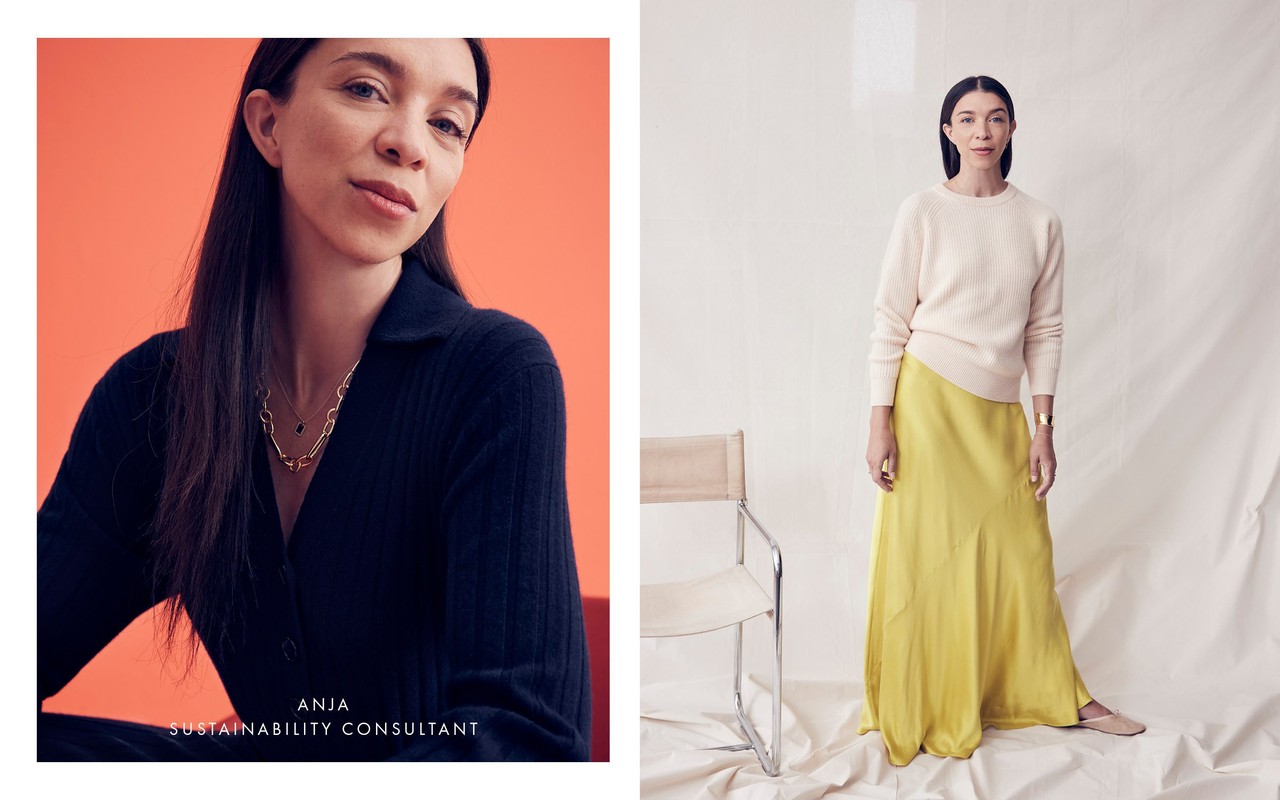 Portrait of a woman with long dark hair wearing a black cardigan and gold necklace, alongside a full shot of her in a yellow skirt.