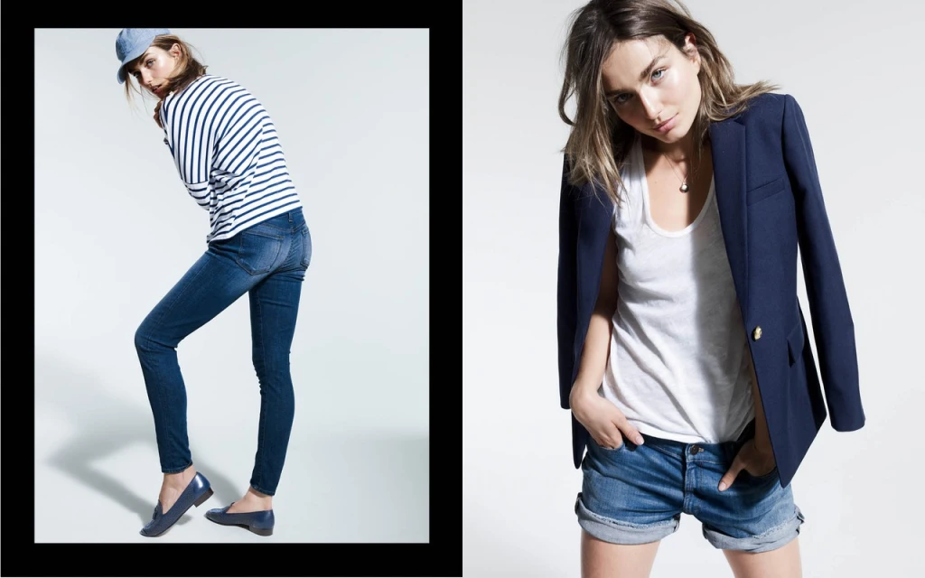 Two-panel fashion shot of a woman in a striped top and jeans on the left and another in a blazer and shorts on the right.