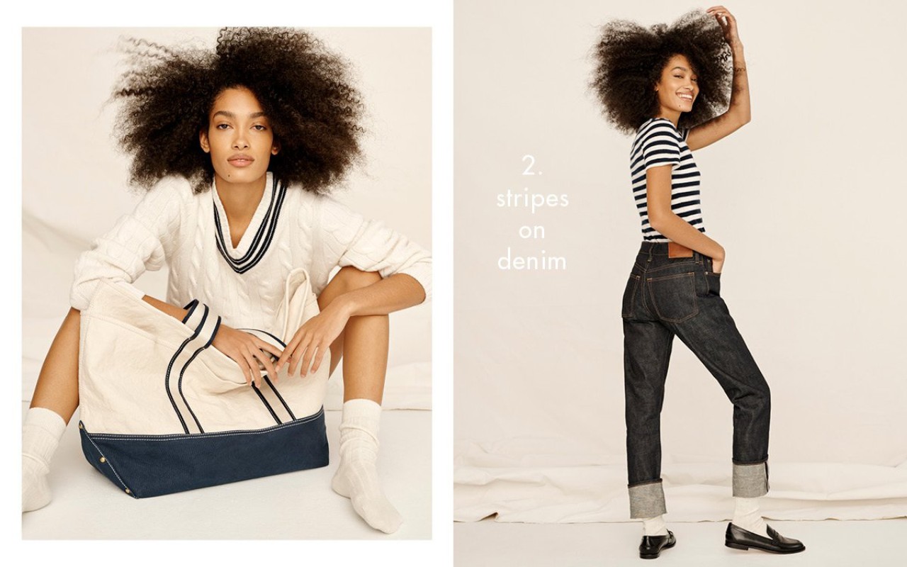 Diptyque promotional image featuring a model with voluminous curly hair posing with a large canvas tote bag and dark denim jeans