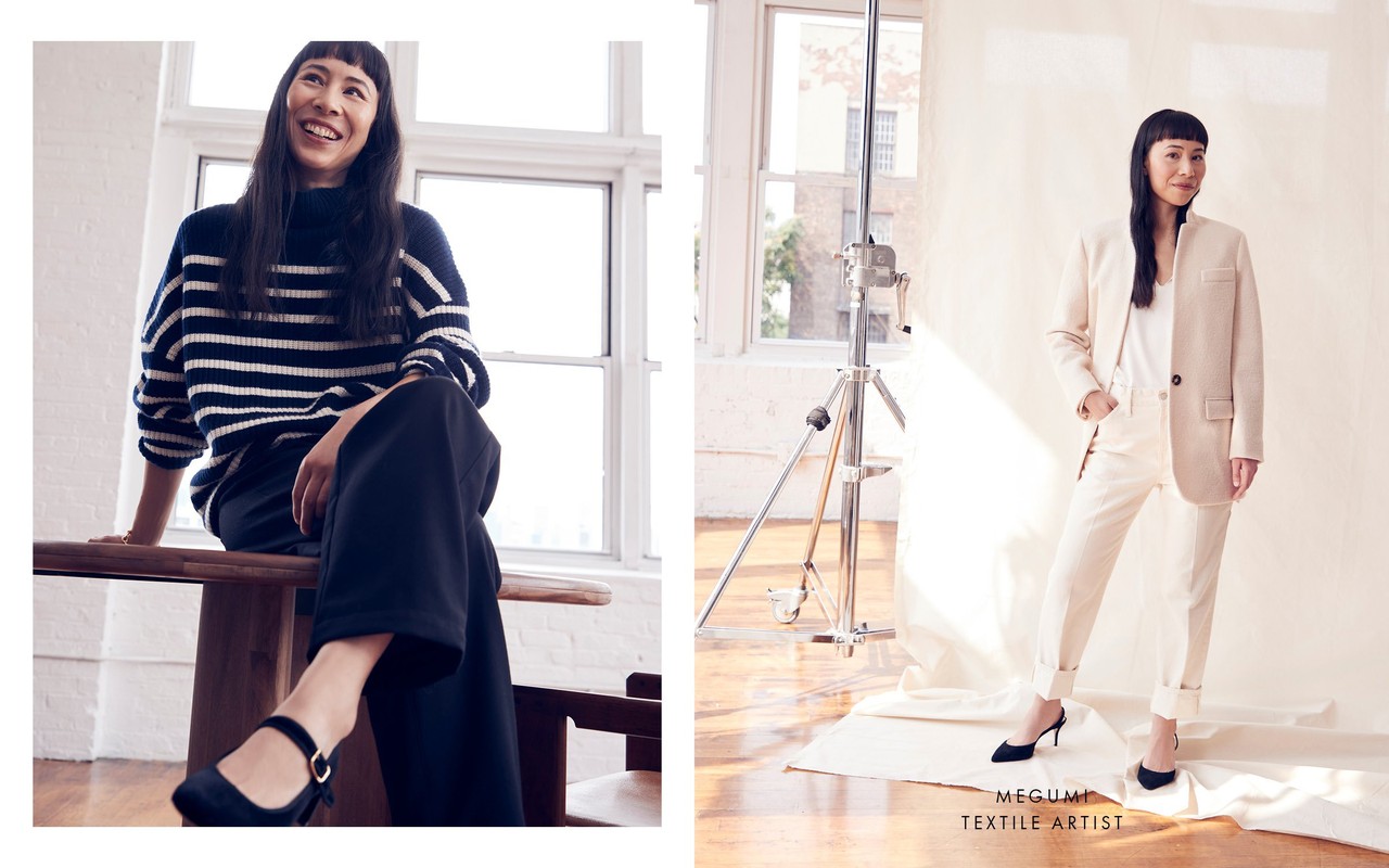 Two portraits of a woman in different outfits, one casually sitting and the other in business attire, both in a studio setting.