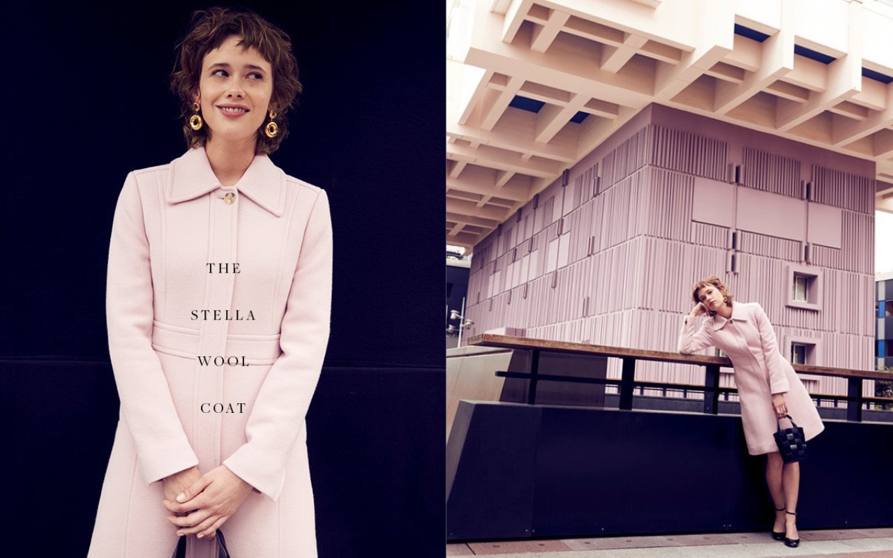 Woman in pink coat poses in front of architecture. Split-screen fashion shot showcases modern outerwear against a pink building.