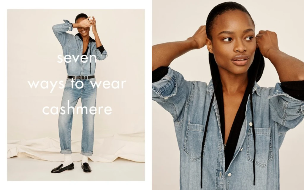 Fashion editorial shot of a woman wearing a denim shirt and jeans, with text overlay and studio setting, showcasing modern casual style.