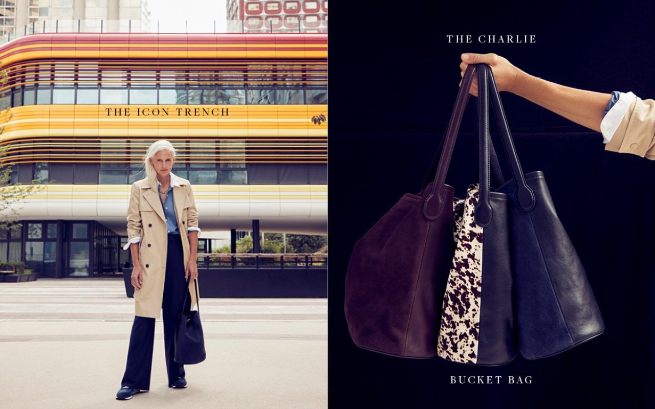 Elegant mature woman in a trench coat stands confidently on city street holding a leather bucket bag, with additional bucket bags shown.