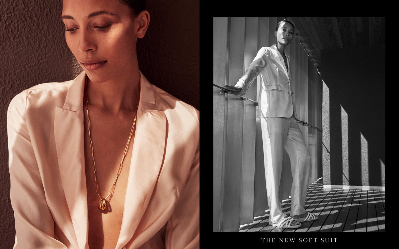 Two-panel fashion shot: woman in a light pink blazer and gold necklace in warm tones versus woman in white suit in black & white.