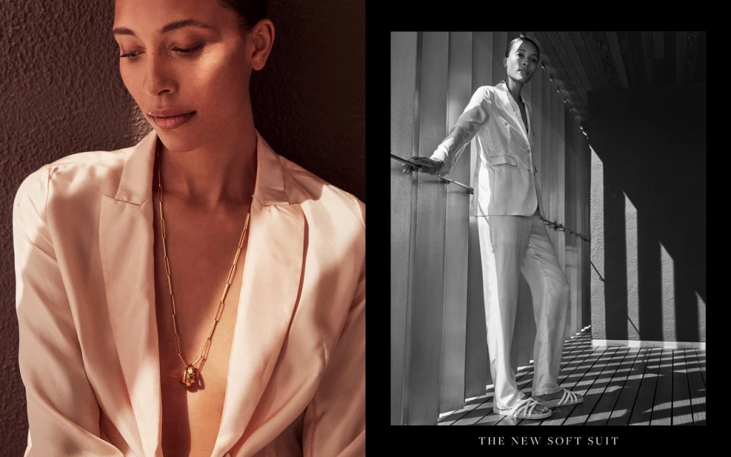 Two-panel fashion shot: woman in a light pink blazer and gold necklace in warm tones versus woman in white suit in black & white.