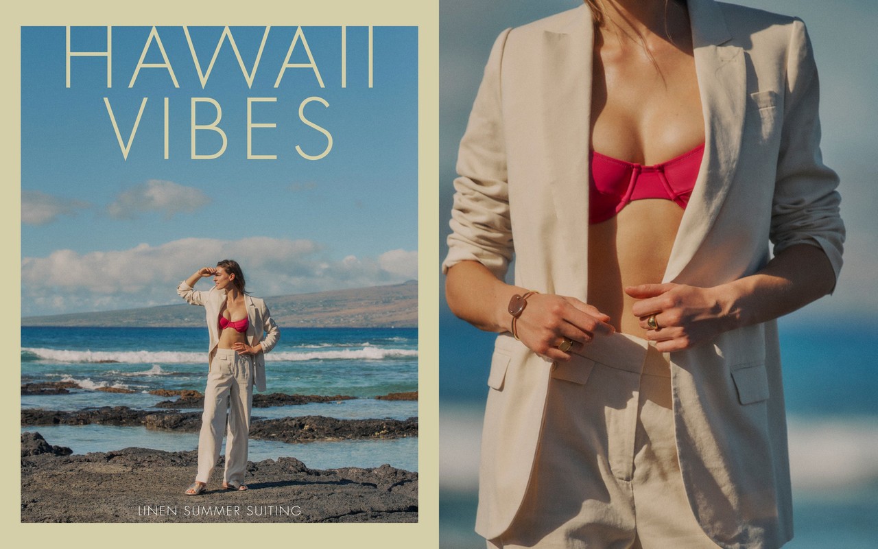 Fashion ad featuring a woman in a suit and pink top at the beach with the text 'Hawaii Vibes Linen Summer Suiting'.