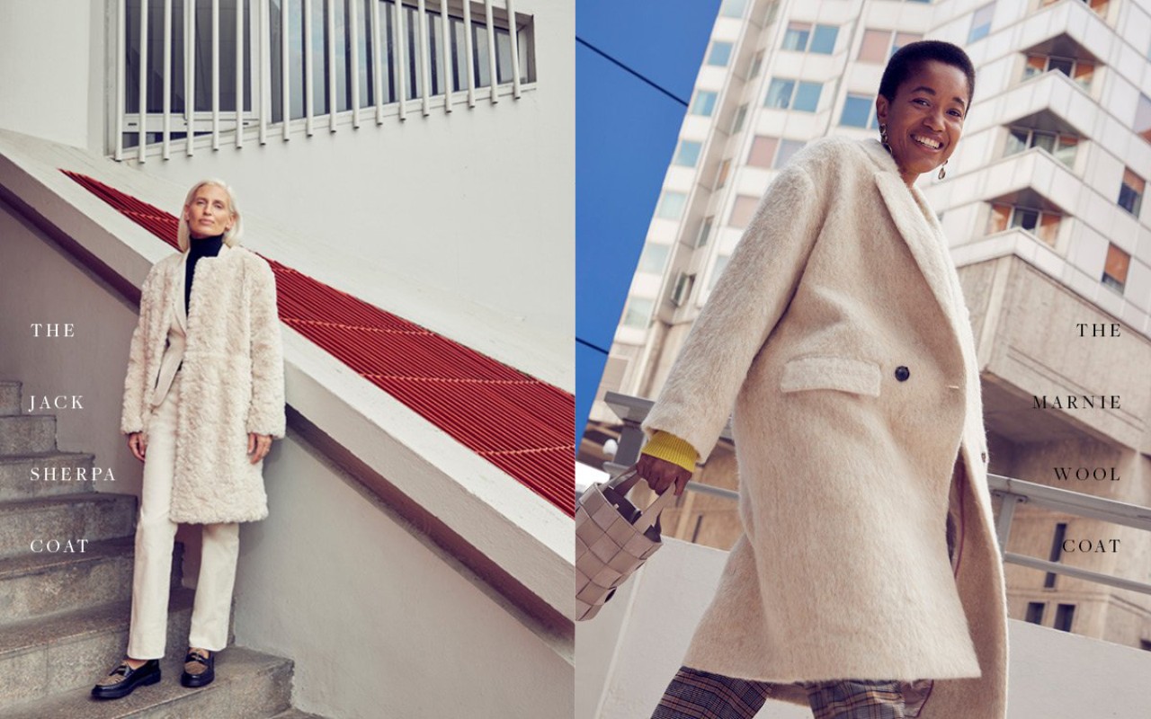 Two women are showcased in split frame wearing stylish winter coats: one on stairs with red accents, the other near a modern building.
