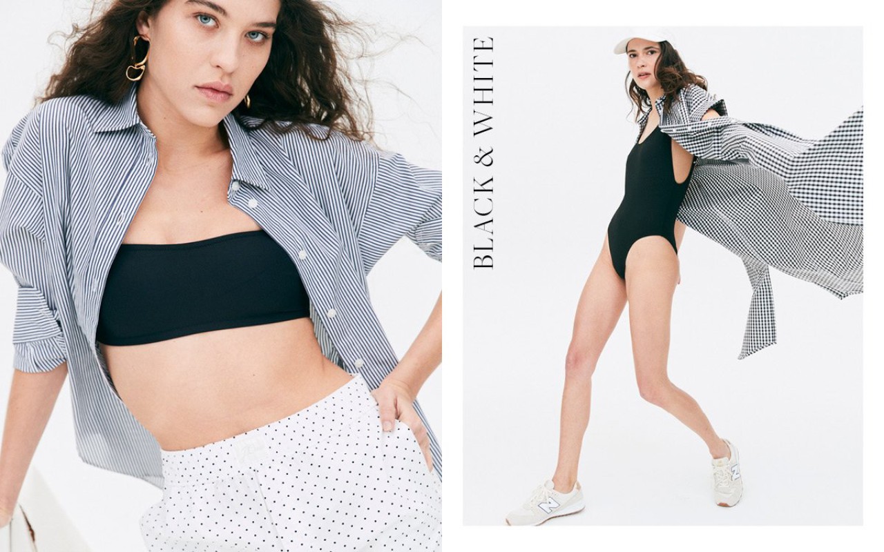 Two-panel fashion editorial: One woman in a striped shirt and polka-dot shorts, another in a black swimsuit and gingham shirt, both on white.