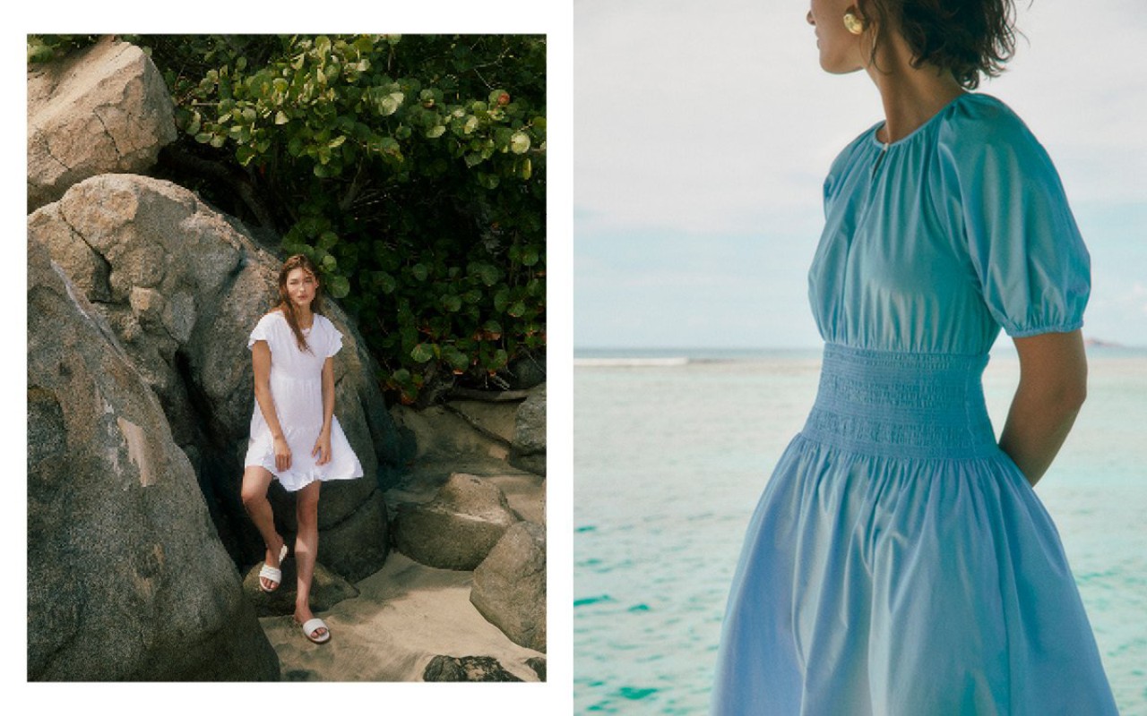 Two outdoor fashion shots: a woman in a white dress poses on rocks near greenery, and a waist shot of a woman in a blue dress by the water.